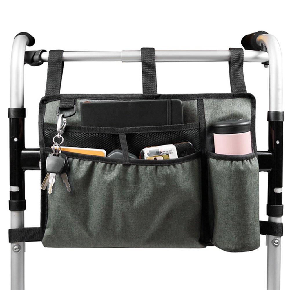 KEINXS Walker Bag with Cup Holder Large Capacity Storage Pouch Wheelchairs Storage Organizer Bag Walker Rollator Storage Bag Folding Storage Pouch for Seniors Elderly Handicap